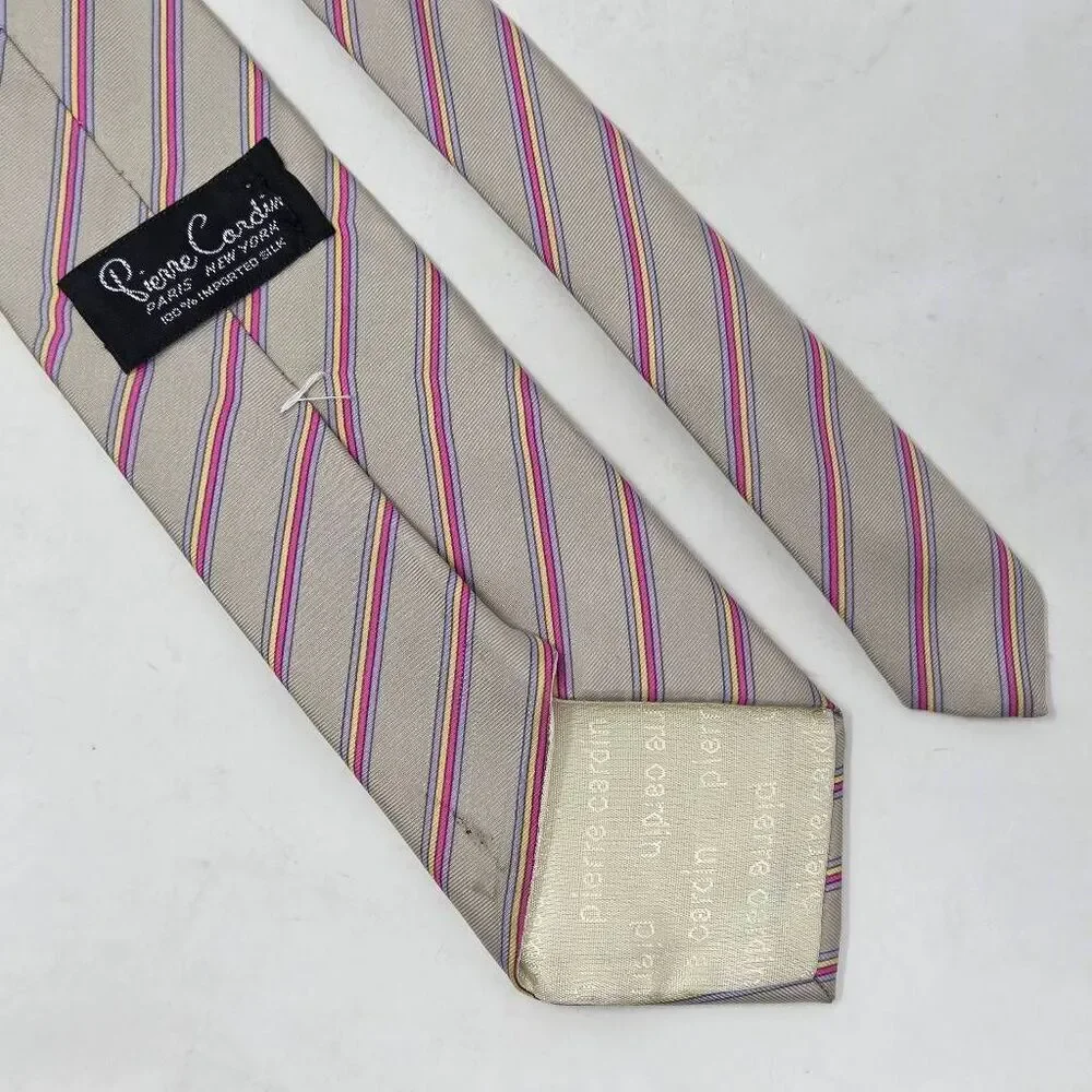 PIERRE CARDIN SILK TIE GRAY PINK PURPLE VINTAGE STRIPE SMOOTH 3.25